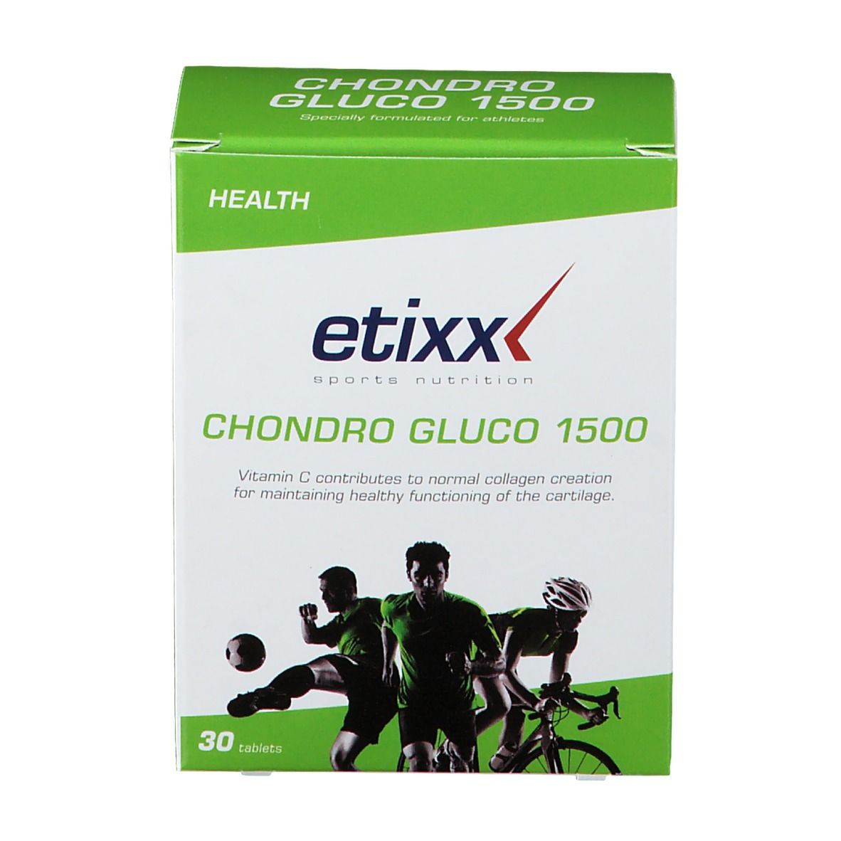 Etixx Chondro-Gluco 1500 verpakking. Groen-witte doos met productnaam en logo. 30 tabletten. Afbeelding van atleten.