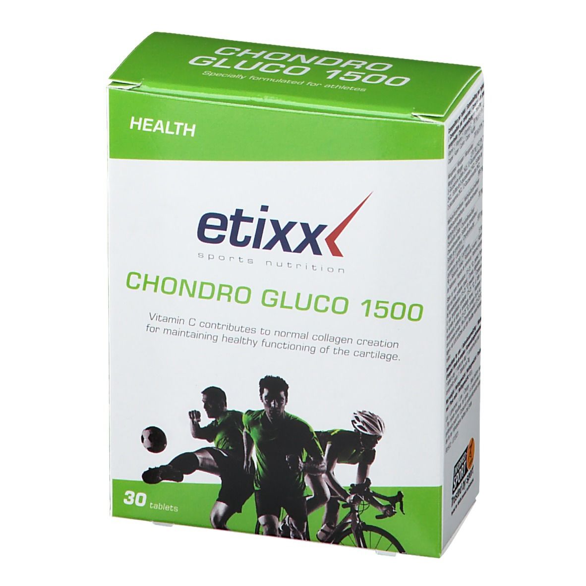 Etixx Chondro-Gluco 1500 verpakking. Groen-witte doos met productnaam en logo. 30 tabletten. Afbeelding van atleten.