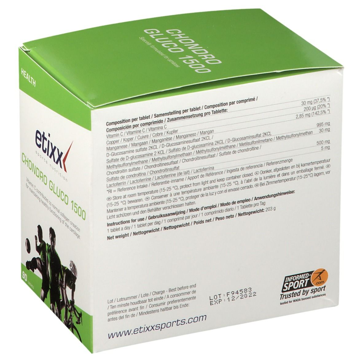 Boîte Etixx Chondro Gluco 1500. Emballage carton blanc et vert. Ingrédients et informations nutritionnelles. Label 'Informed Sport'.