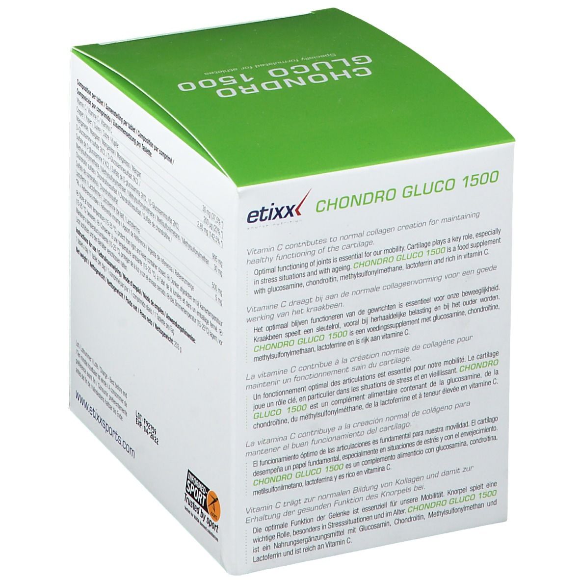 Boîte Etixx Chondro Gluco 1500. Emballage blanc et vert. Texte sur le rôle de la vitamine C pour le cartilage. Label 'Informed Sport'.