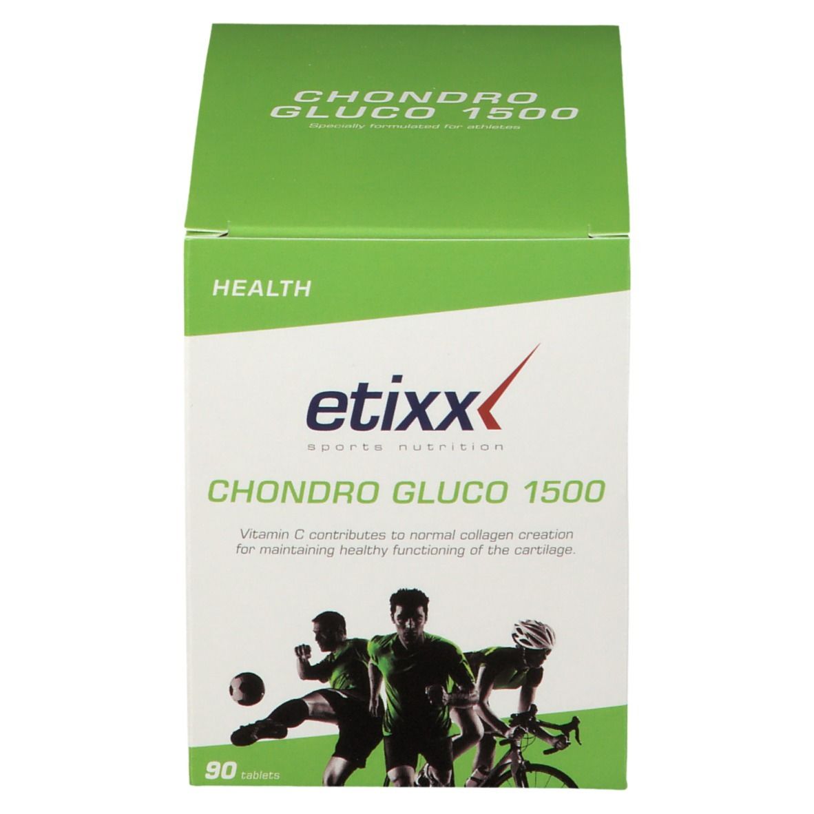 Boîte Etixx Chondro Gluco 1500. Emballage blanc et vert. Illustration d'athlètes. 90 comprimés.