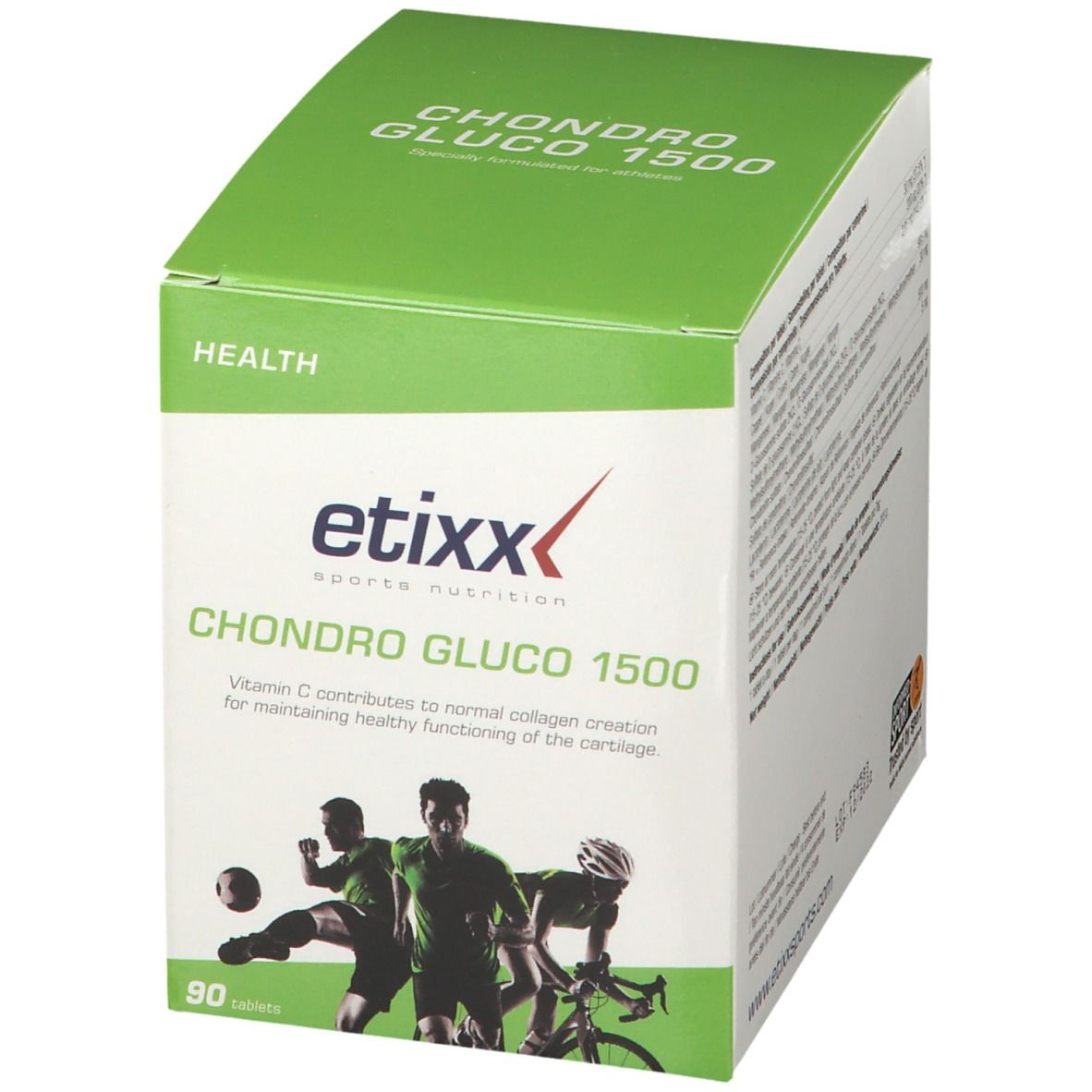 Boîte Etixx Chondro Gluco 1500. Emballage blanc et vert. Illustration d'athlètes. 90 comprimés. Logo Etixx.