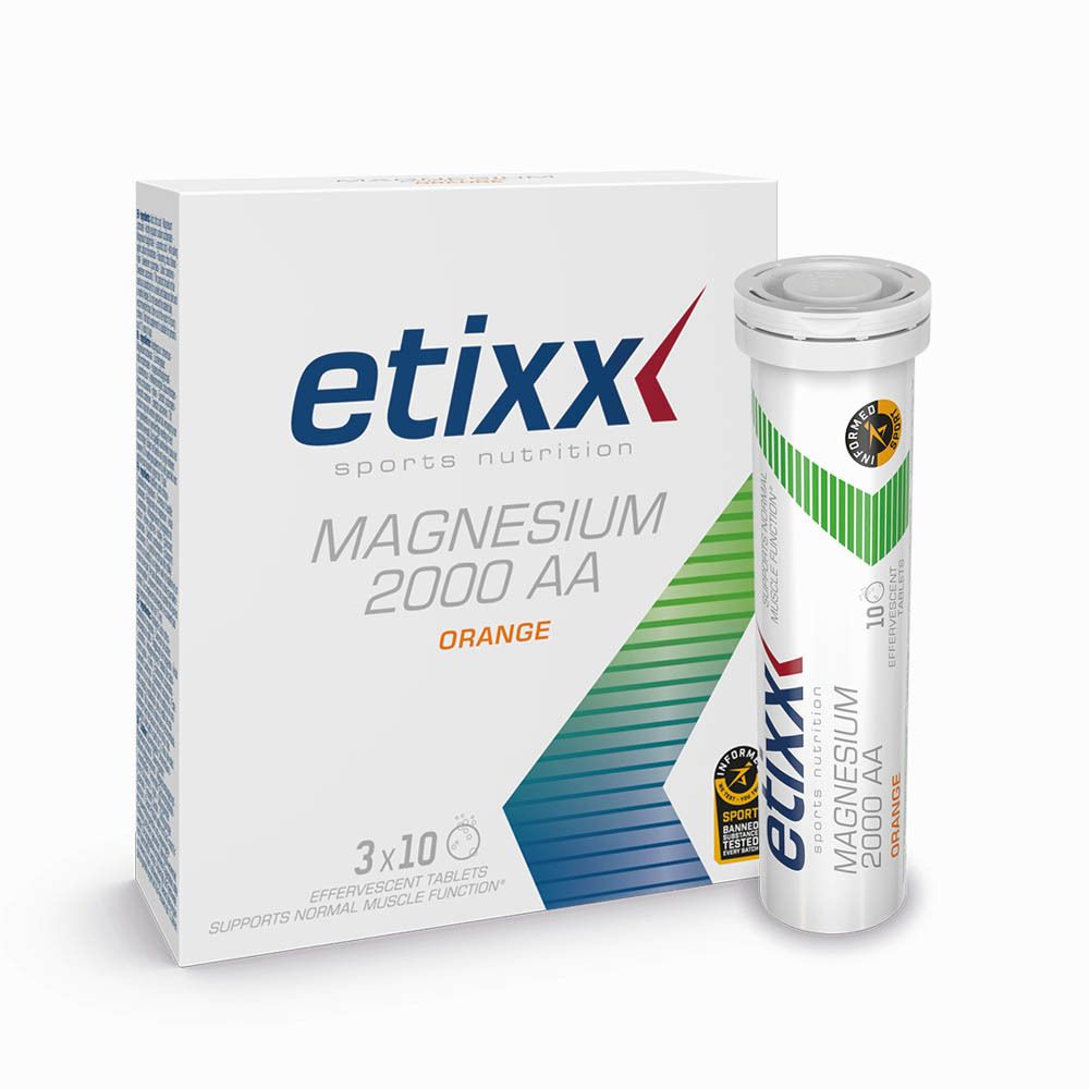 Etixx Magnesium 2000 AA bruistabletten. Witte verpakking en tube. Oranje tekst. 3x10 tabletten. Groen-wit design.
