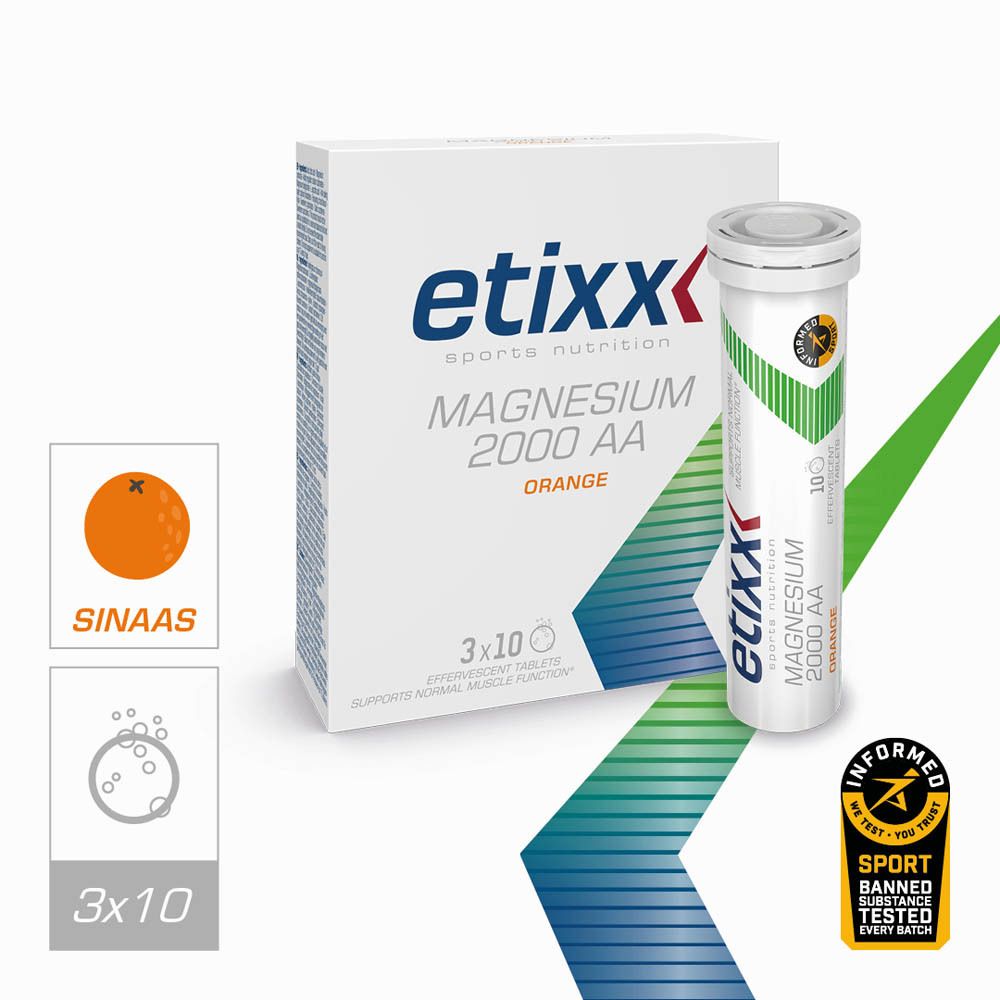 Etixx Magnesium 2000 AA bruistabletten. Witte verpakking en tube. Oranje tekst. 3x10 tabletten. Groen-wit design.