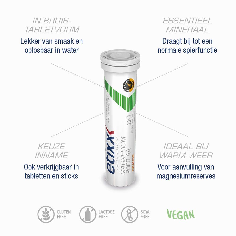 Etixx Magnesium 2000 AA bruistabletten. Tube met productinfo. Diagram met voordelen. Vegan certificering.