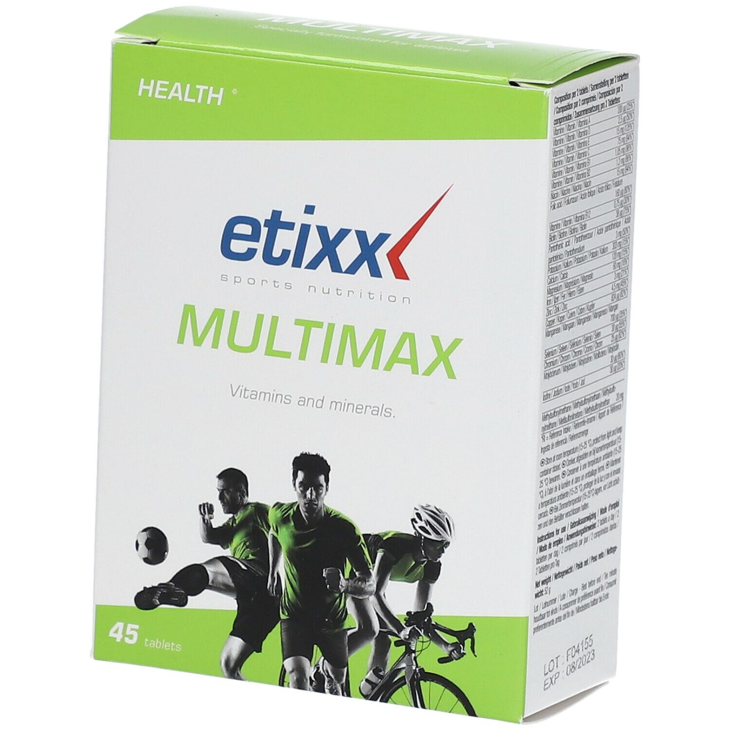 Etixx Multimaxx-verpakking. Groen-wit rechthoek met productnaam en sportillustraties. Bevat 45 tabletten.
