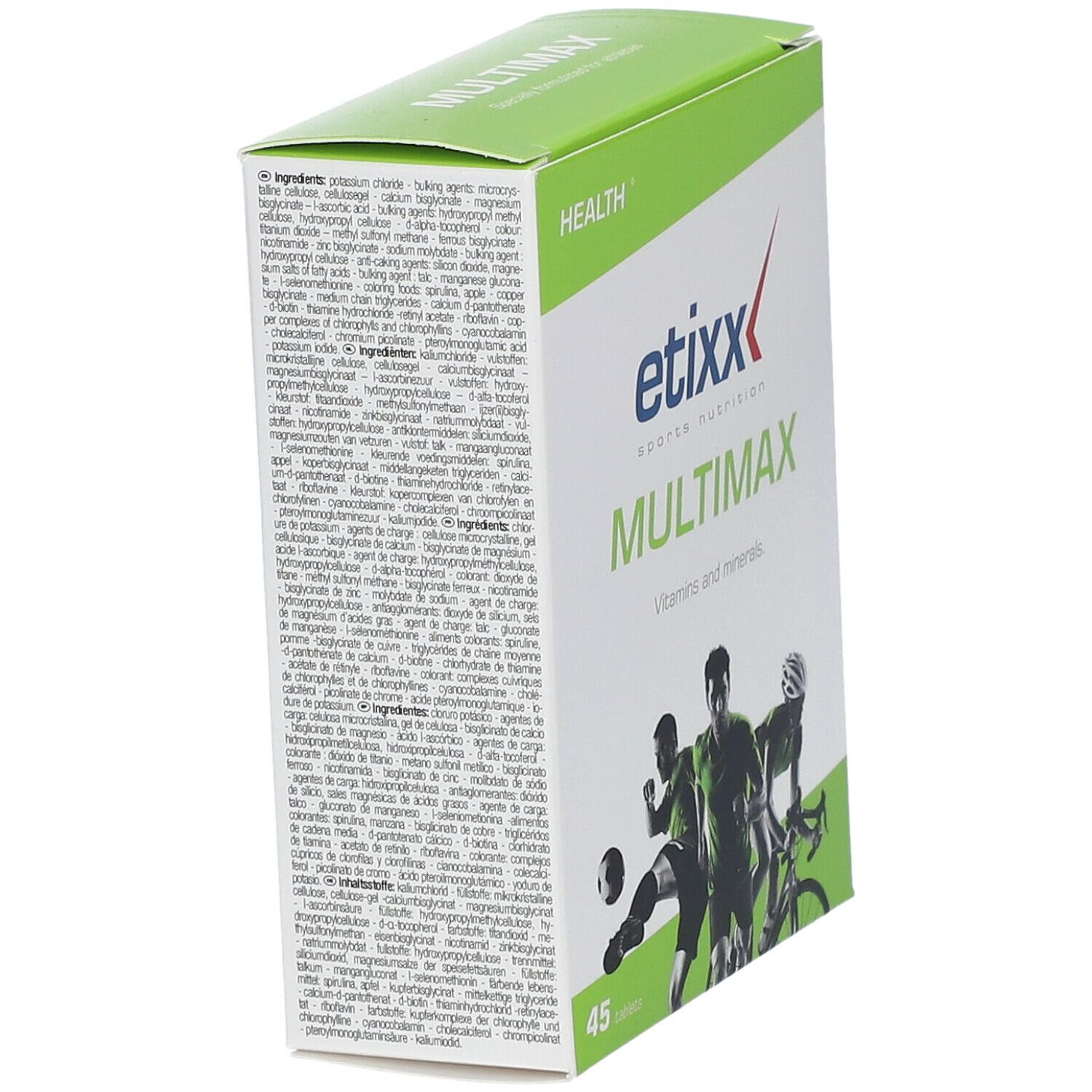 Etixx Multimaxx-verpakking, schuin van voren. Groen-wit rechthoek met productnaam en ingrediëntenlijst op de zijkant.