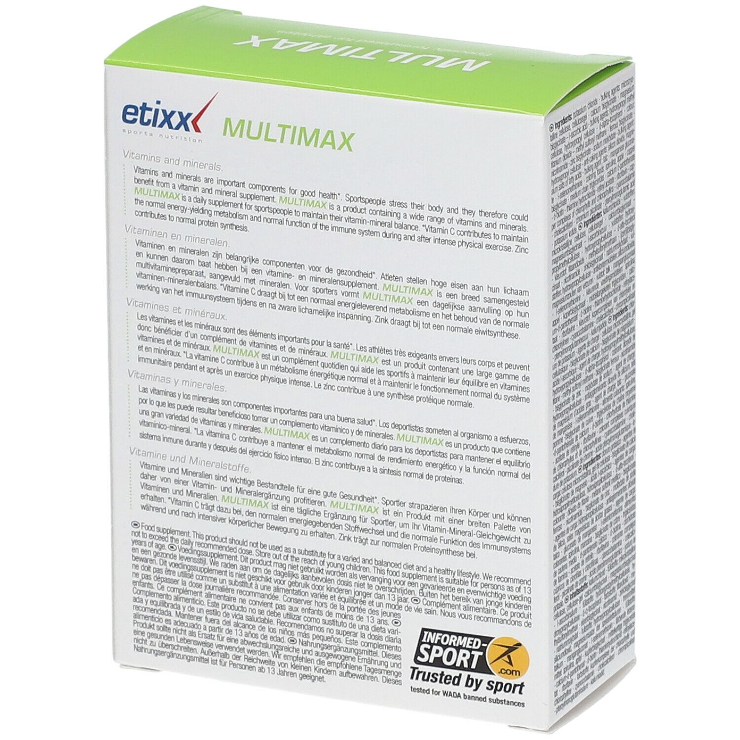 Achterkant van de Etixx Multimaxx-verpakking. Groen-wit met productinformatie en het 'Informed Sport'-logo.