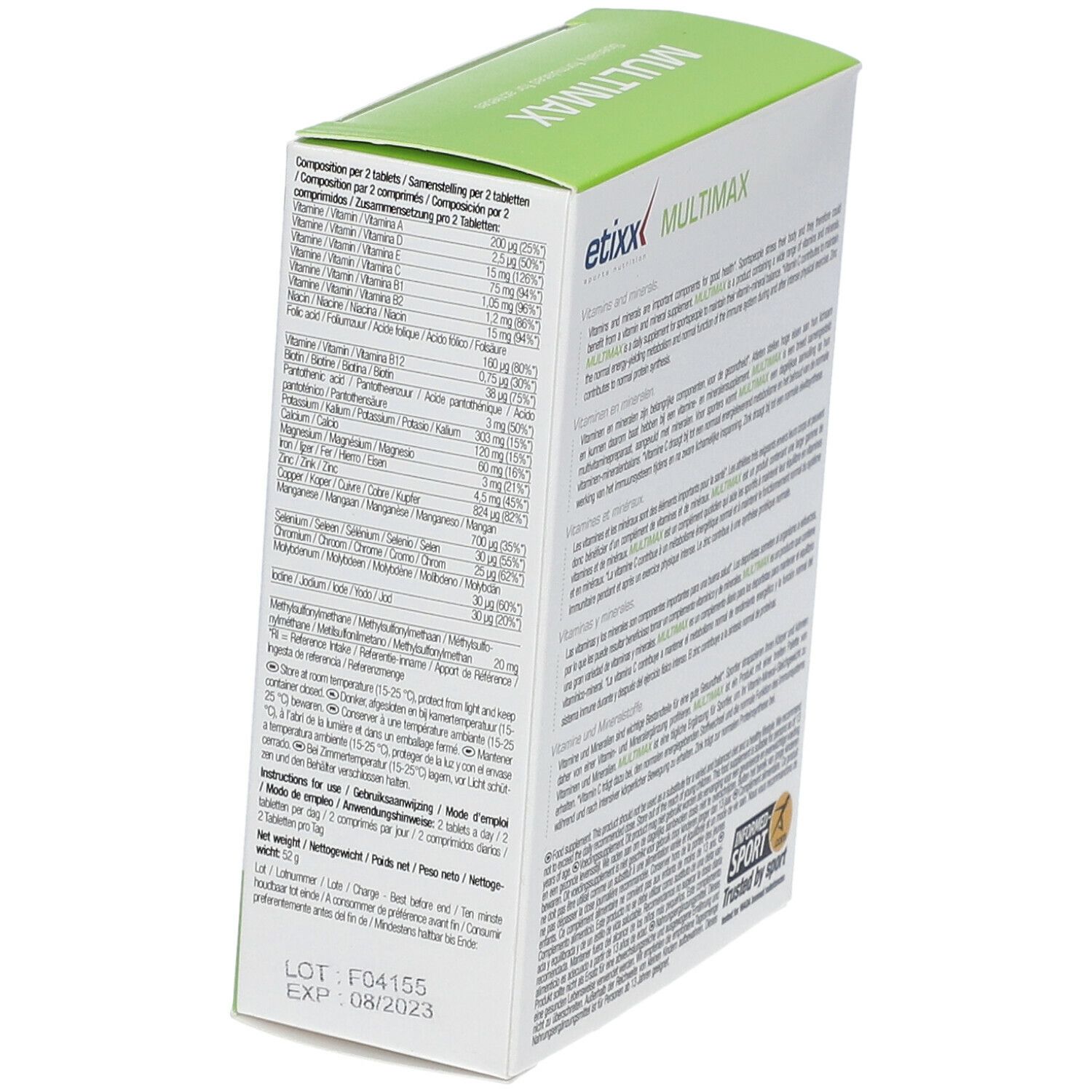 Etixx Multimaxx-verpakking, schuin van achteren. Groen-wit met productinformatie en voedingswaarden.