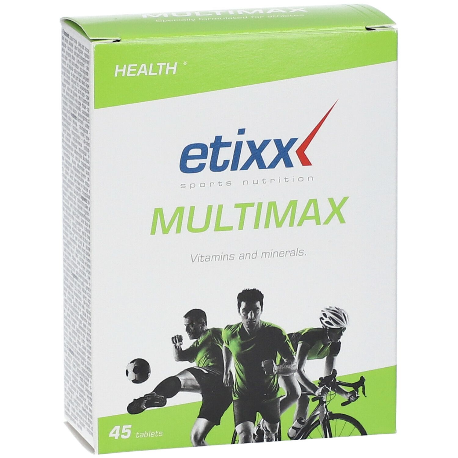 Etixx Multimaxx-verpakking. Groen-wit rechthoek met productnaam en sportillustraties. Bevat 45 tabletten.