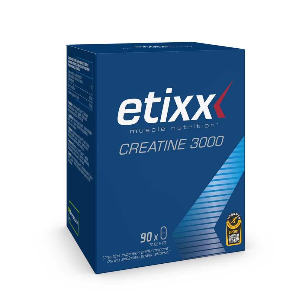 Blauwe Kartonverpakking met 'etixx Creatine 3000'. Bevat 90 tabletten. Sport-gecertificeerd.