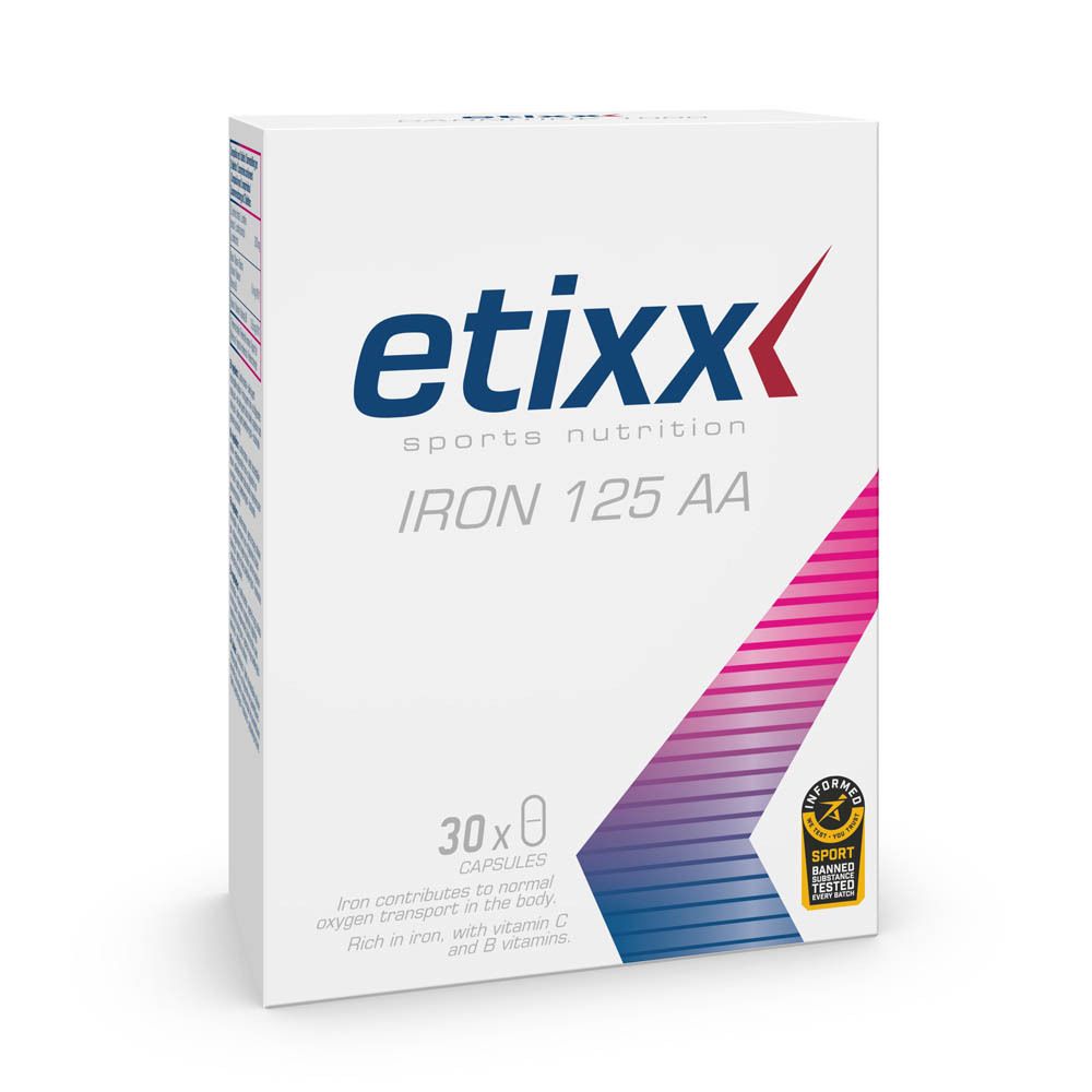 Boîte Etixx Iron 125 AA. Carton blanc avec texte bleu et rouge. Contient 30 capsules. Logo Informed-Sport.
