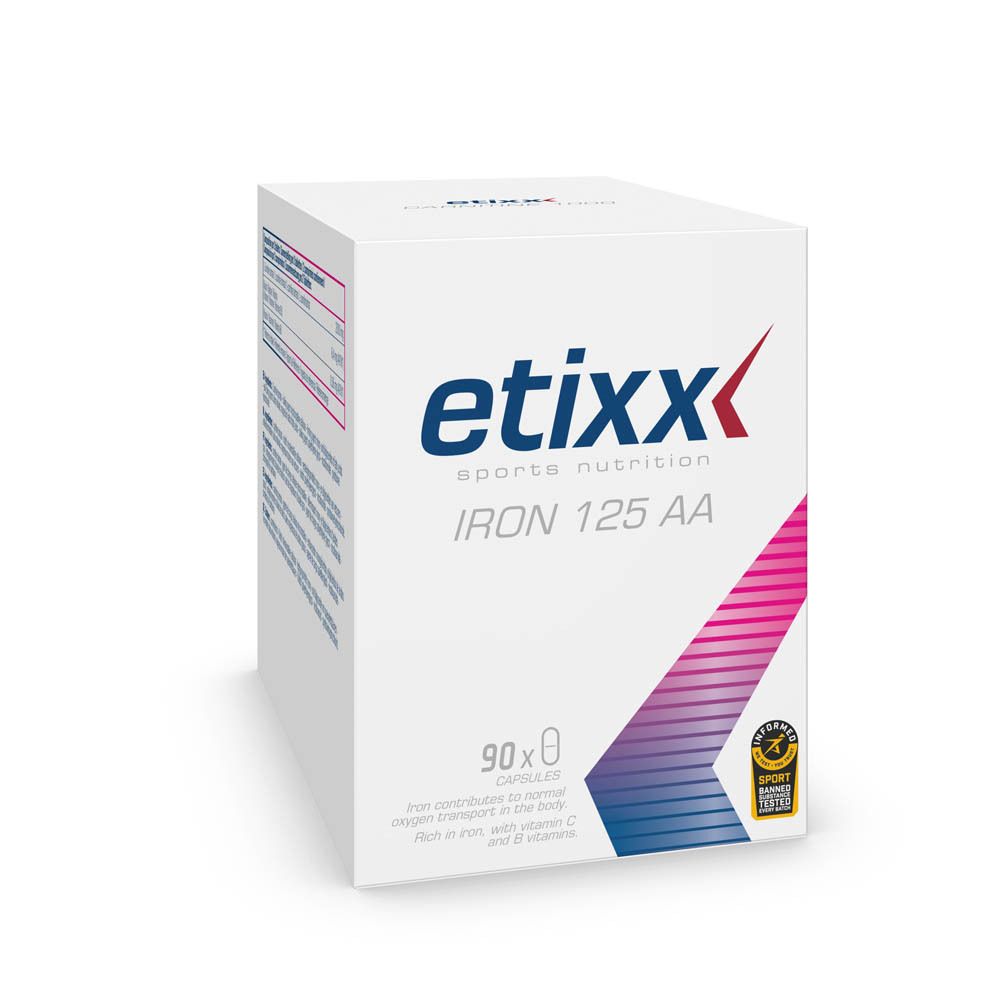 Boîte blanche avec nom et logo du produit. Contient 90 capsules. Inscription: etixx sports nutrition IRON 125 AA. Avec certification sportive.