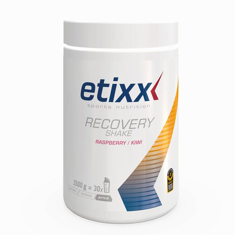 Récipient blanc avec couvercle. Inscription : etixx, Recovery Shake, Framboise/Kiwi. 1500g, 30x.