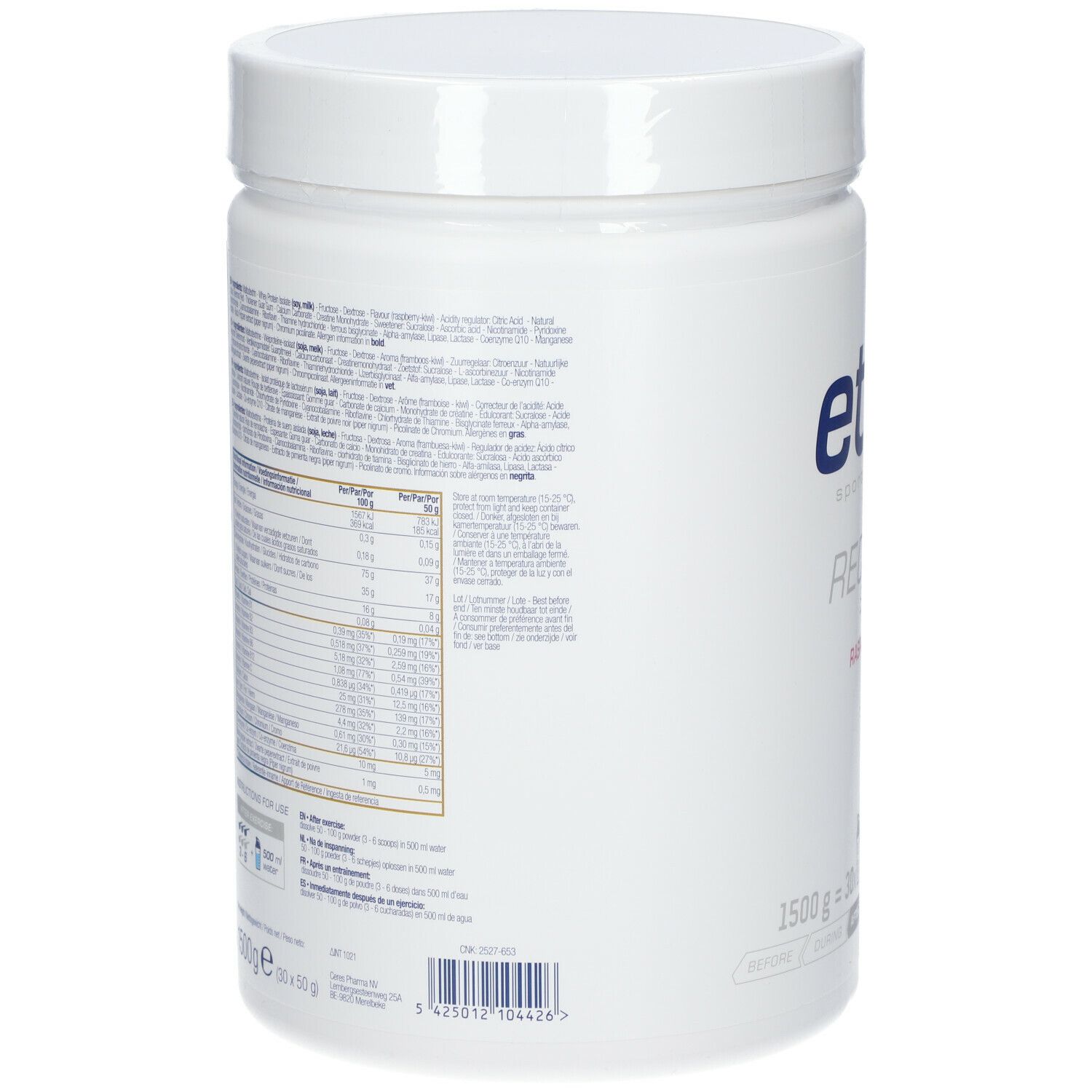 Dos du récipient blanc. Texte avec informations nutritionnelles et ingrédients. 1500g.