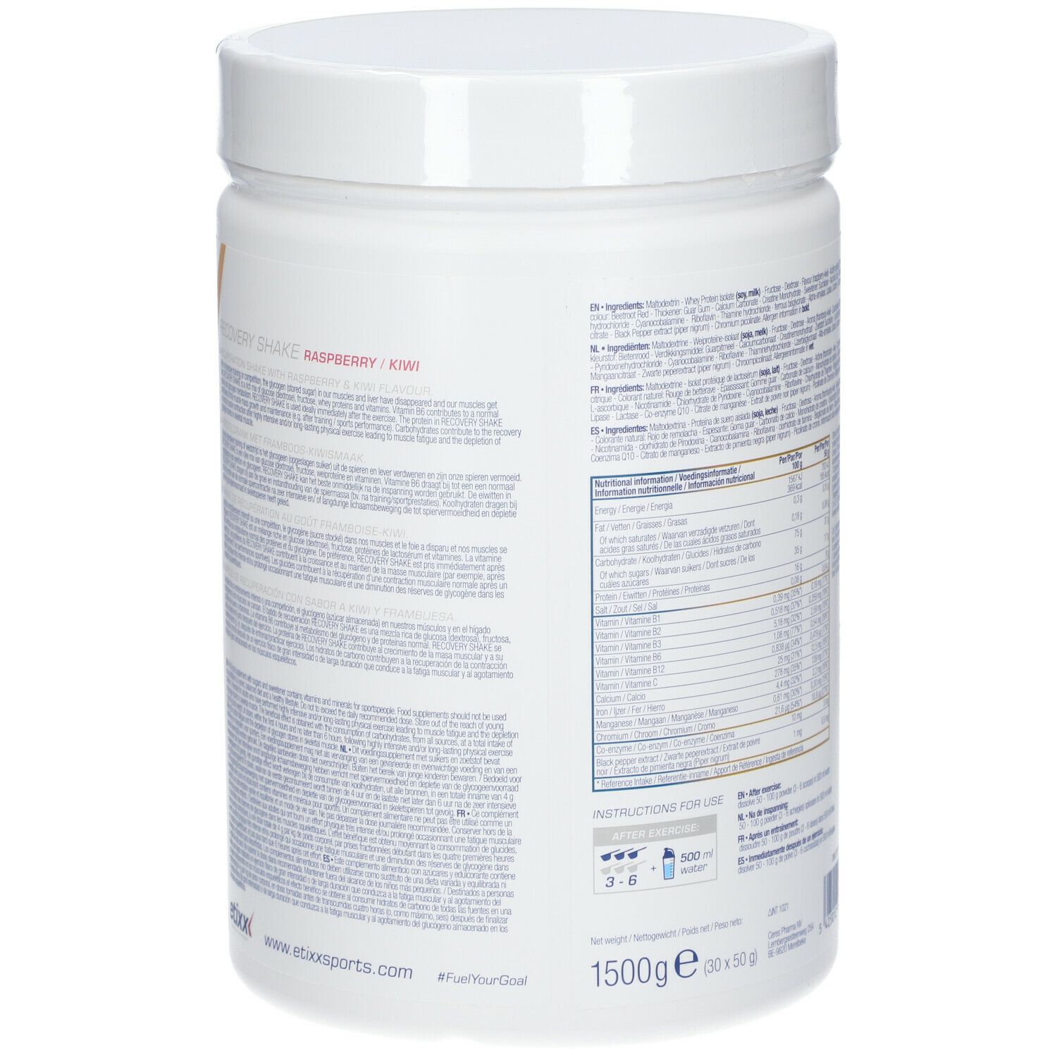 Dos du récipient blanc. Texte avec informations nutritionnelles et ingrédients. 1500g.
