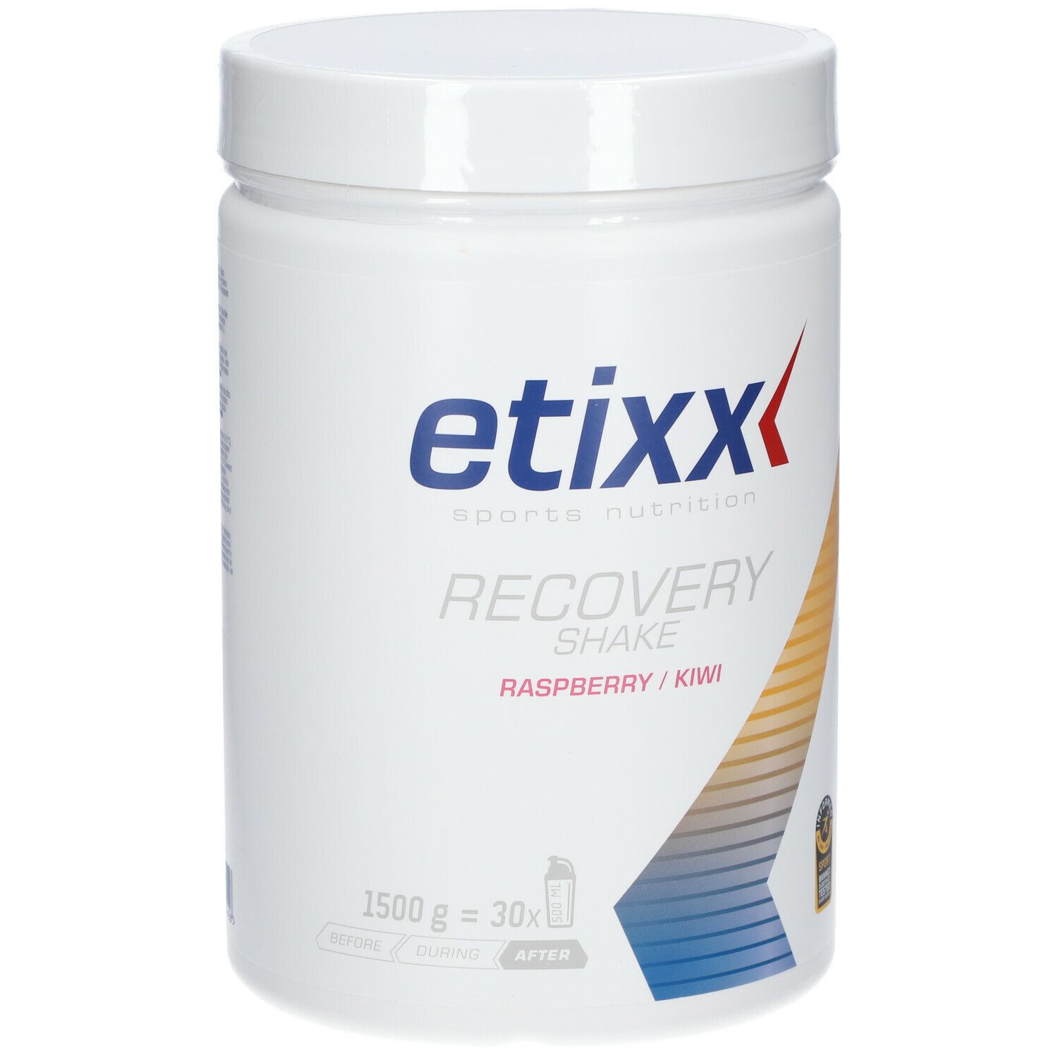 Récipient blanc avec couvercle. Inscription : etixx, Recovery Shake, Framboise/Kiwi. 1500g, 30x.