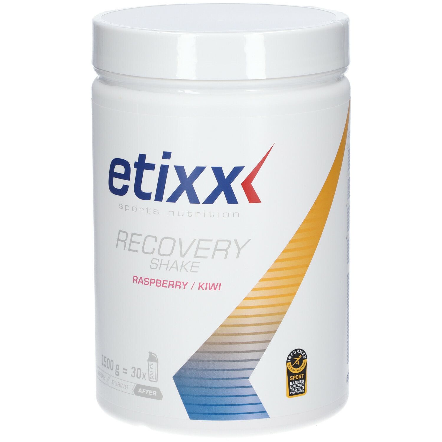 Récipient blanc avec couvercle. Inscription : etixx, Recovery Shake, Framboise/Kiwi. 1500g, 30x.