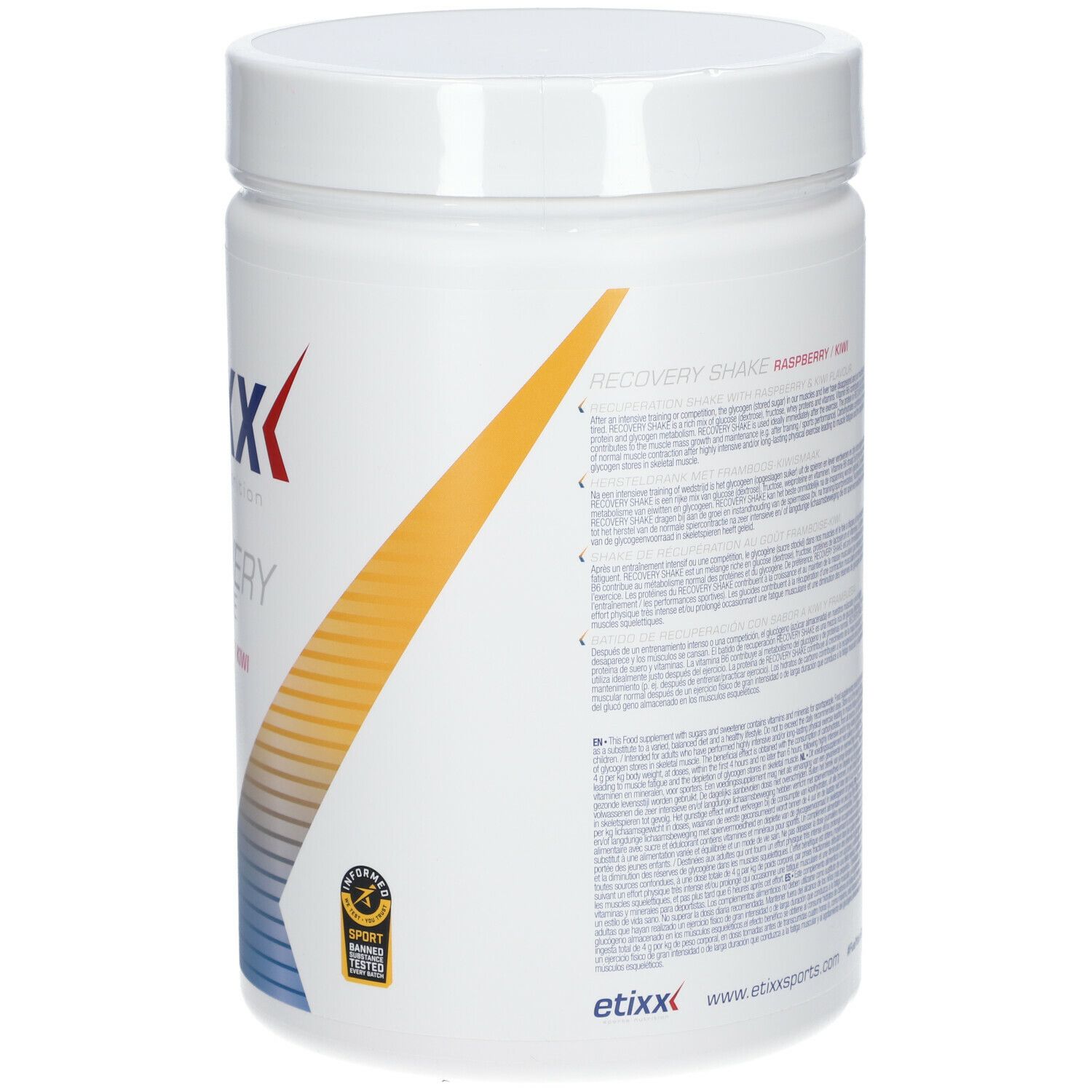 Dos du récipient blanc. Texte avec informations nutritionnelles et ingrédients. 1500g.