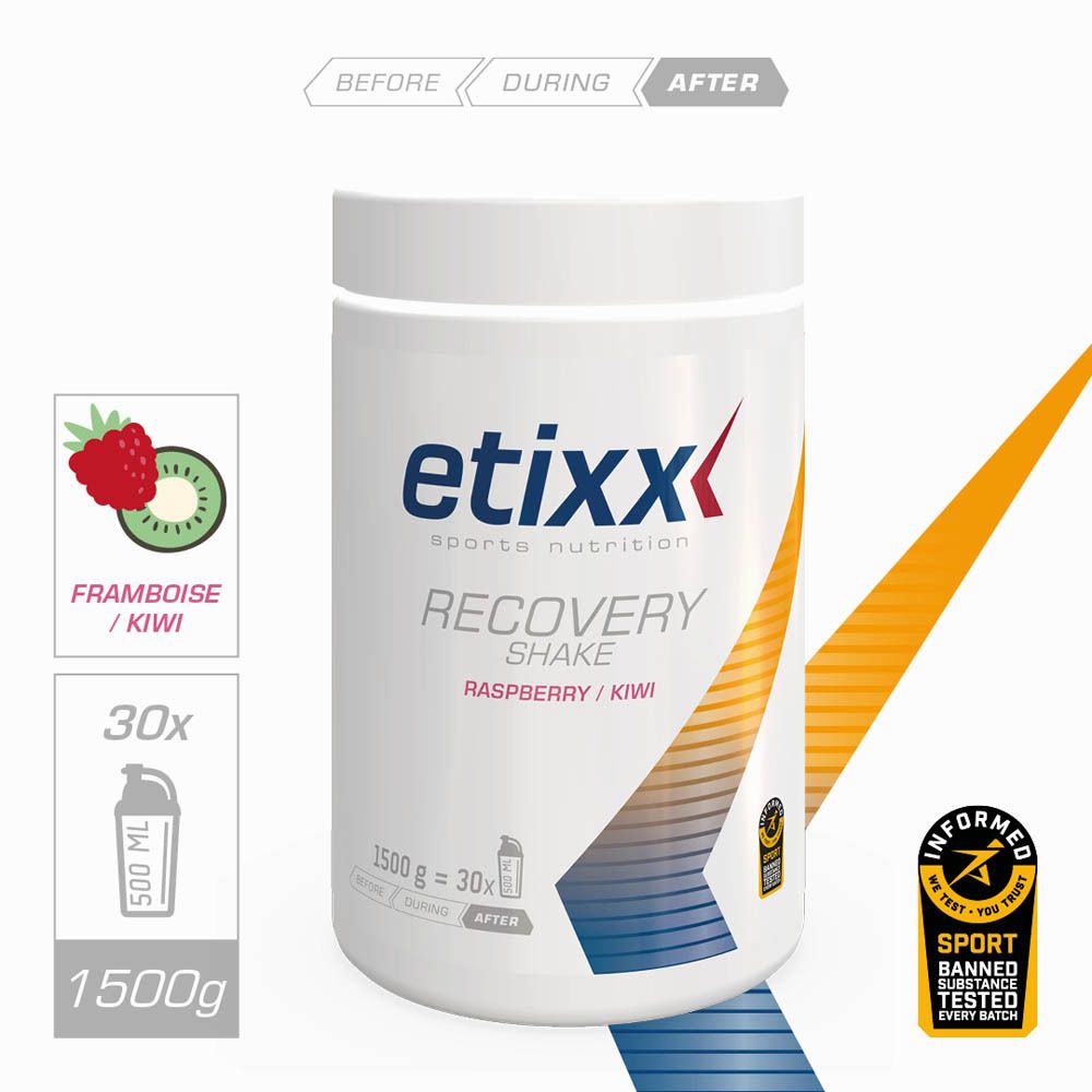 Récipient blanc avec couvercle. Inscription : etixx, Recovery Shake, Framboise/Kiwi. 1500g, 30x.