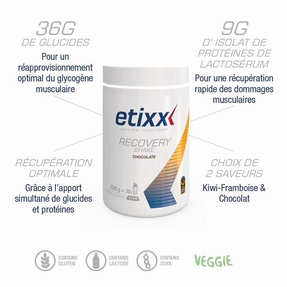Récipient blanc avec couvercle. Inscription : etixx, Recovery Shake, Framboise/Kiwi. 1500g, 30x.