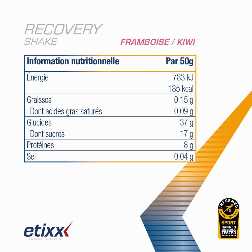 Tableau nutritionnel. Énergie, matières grasses, glucides, sucres, protéines, sel. Framboise/Kiwi.