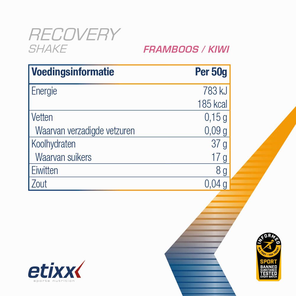 Voedingstabel. Energie, vetten, koolhydraten, suikers, eiwitten, zout. Framboos/Kiwi.