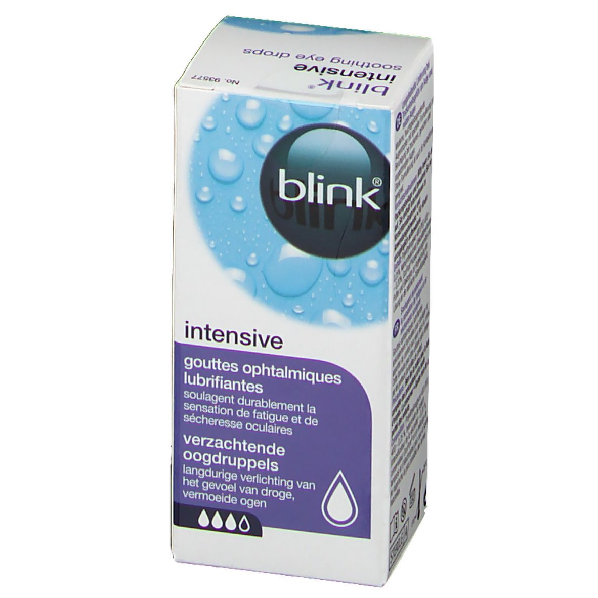 Kartonverpackung mit Produktinformationen. Aufschrift: Blink intensive, Augentropfen. Logo Blink.
