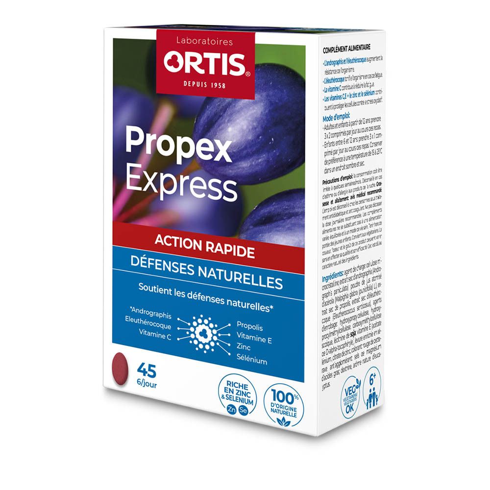 Boîte de Propex Express. Contient 45 comprimés. Contient du zinc et du sélénium. Logo Ortis.