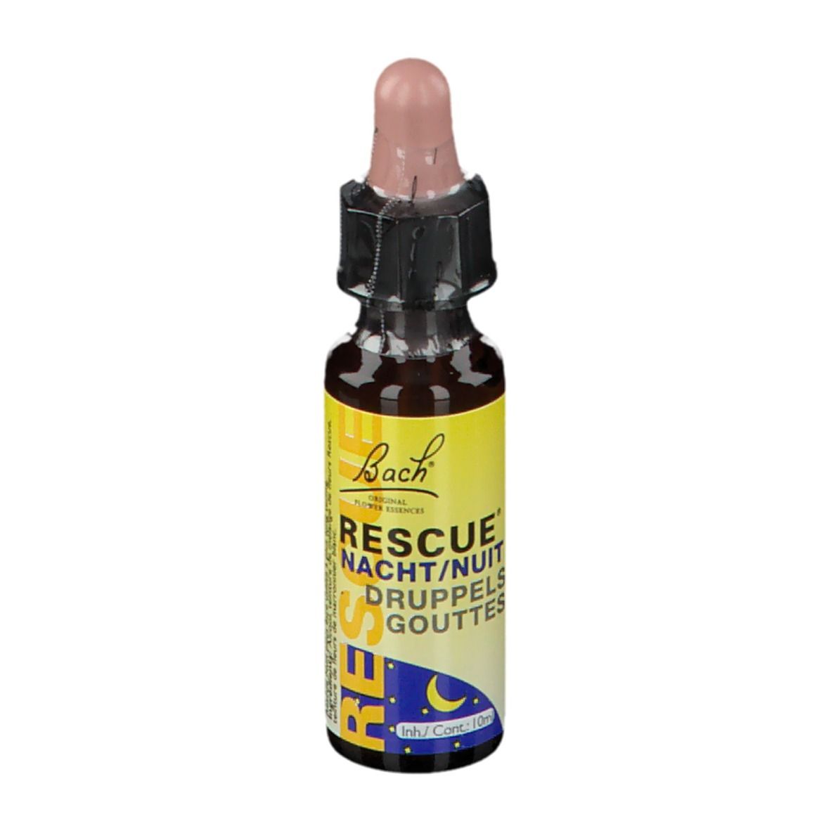 Braune Glasflasche mit gelbem Etikett. Tropfer mit rosa Spitze. Beschriftung: RESCUE NACHT/NUIT DRUPPELS GOUTTES.