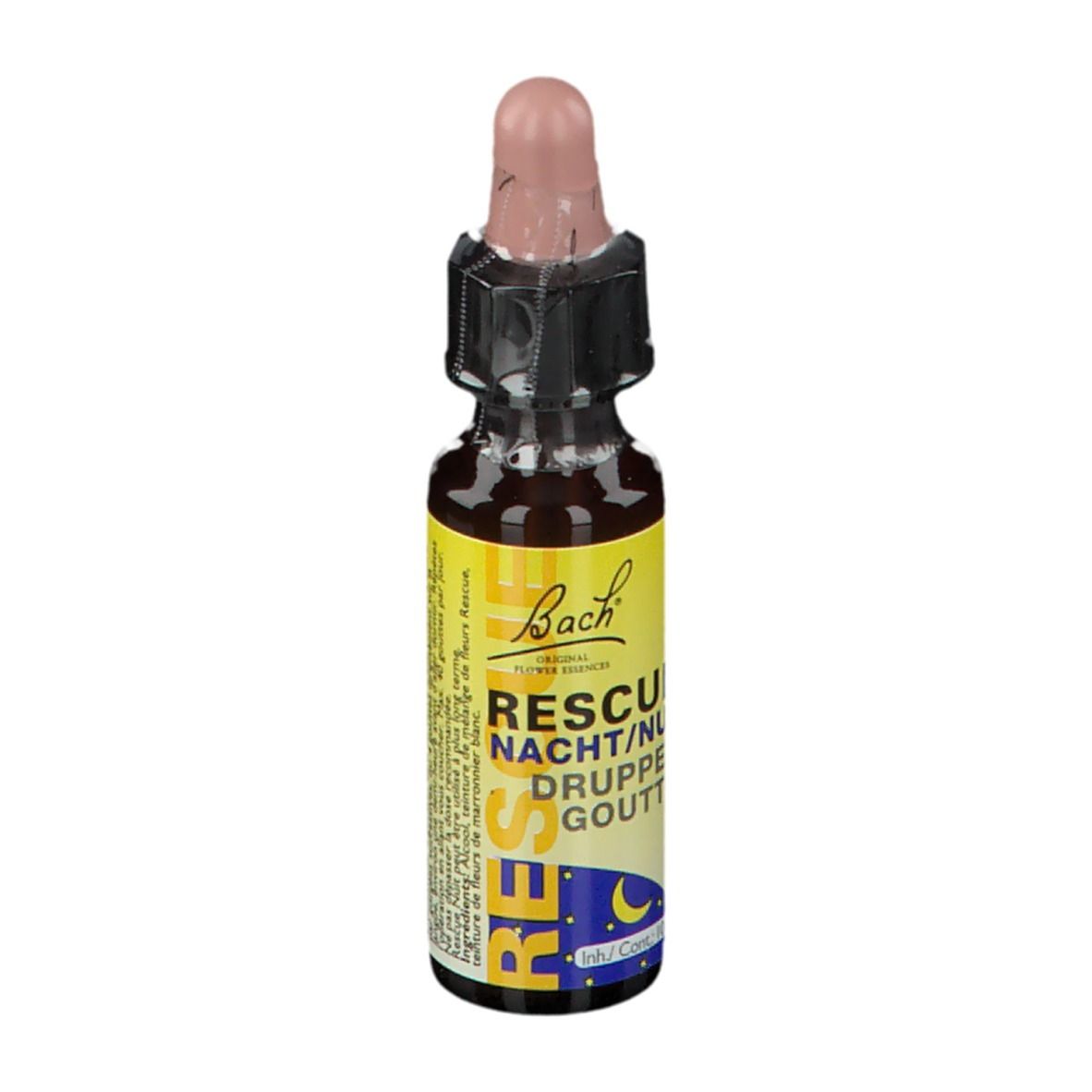 Braune Glasflasche mit gelbem Etikett. Tropfer mit rosa Spitze. Beschriftung: RESCUE NACHT/NUIT DRUPPELS GOUTTES.