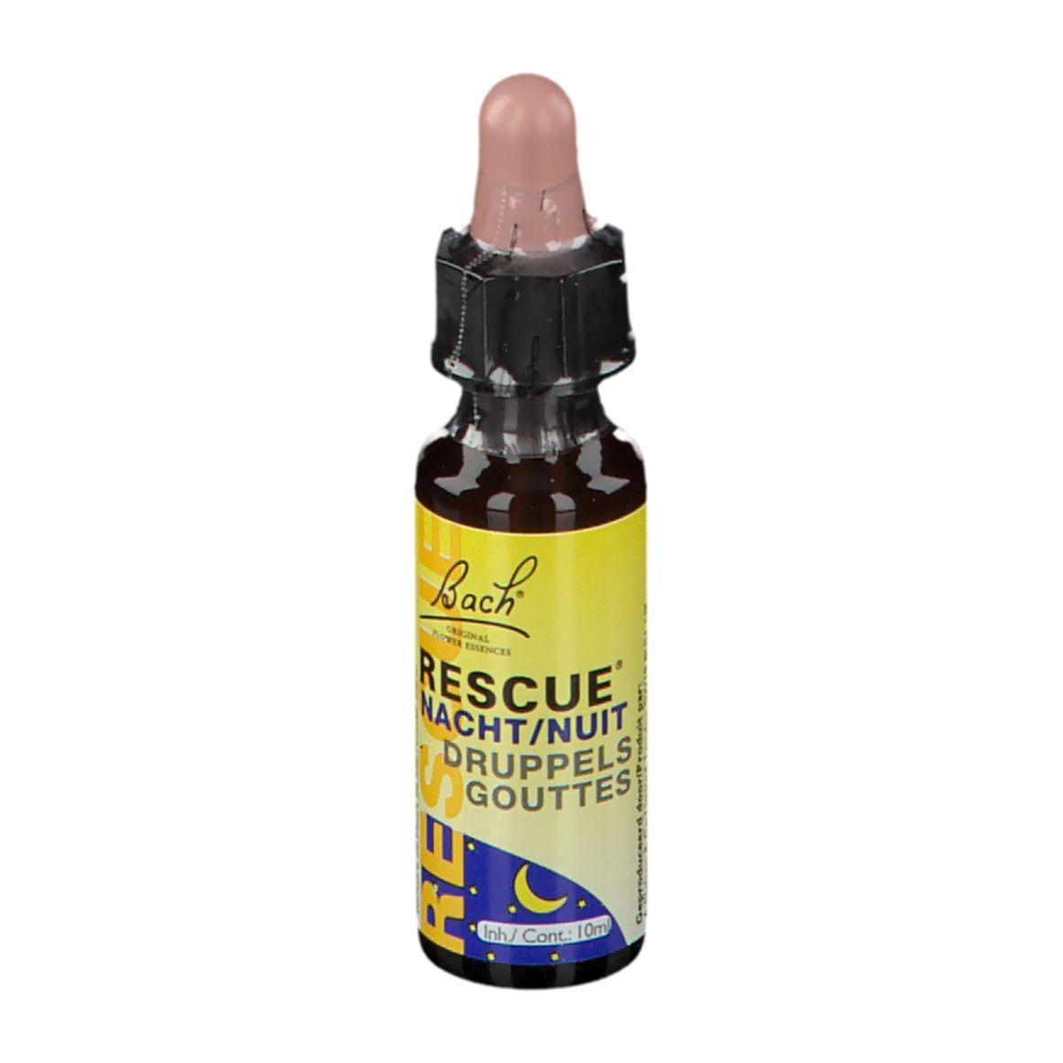 Braune Glasflasche mit gelbem Etikett. Tropfer mit rosa Spitze. Beschriftung: RESCUE NACHT/NUIT DRUPPELS GOUTTES.