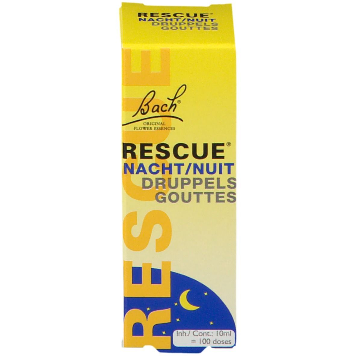 Gelbe Schachtel mit Produktnamen und Logo. Beschriftung: RESCUE NACHT/NUIT DRUPPELS GOUTTES.