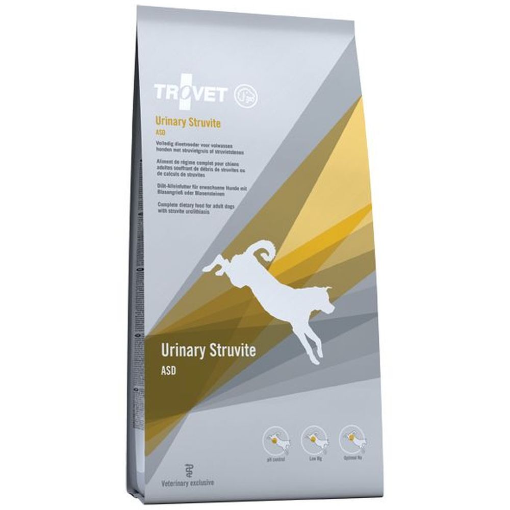 Zak droogvoer voor honden. Opschrift: Trovet Urinary Struvite ASD. Afbeelding van een hond. Grijze en gele kleuren.