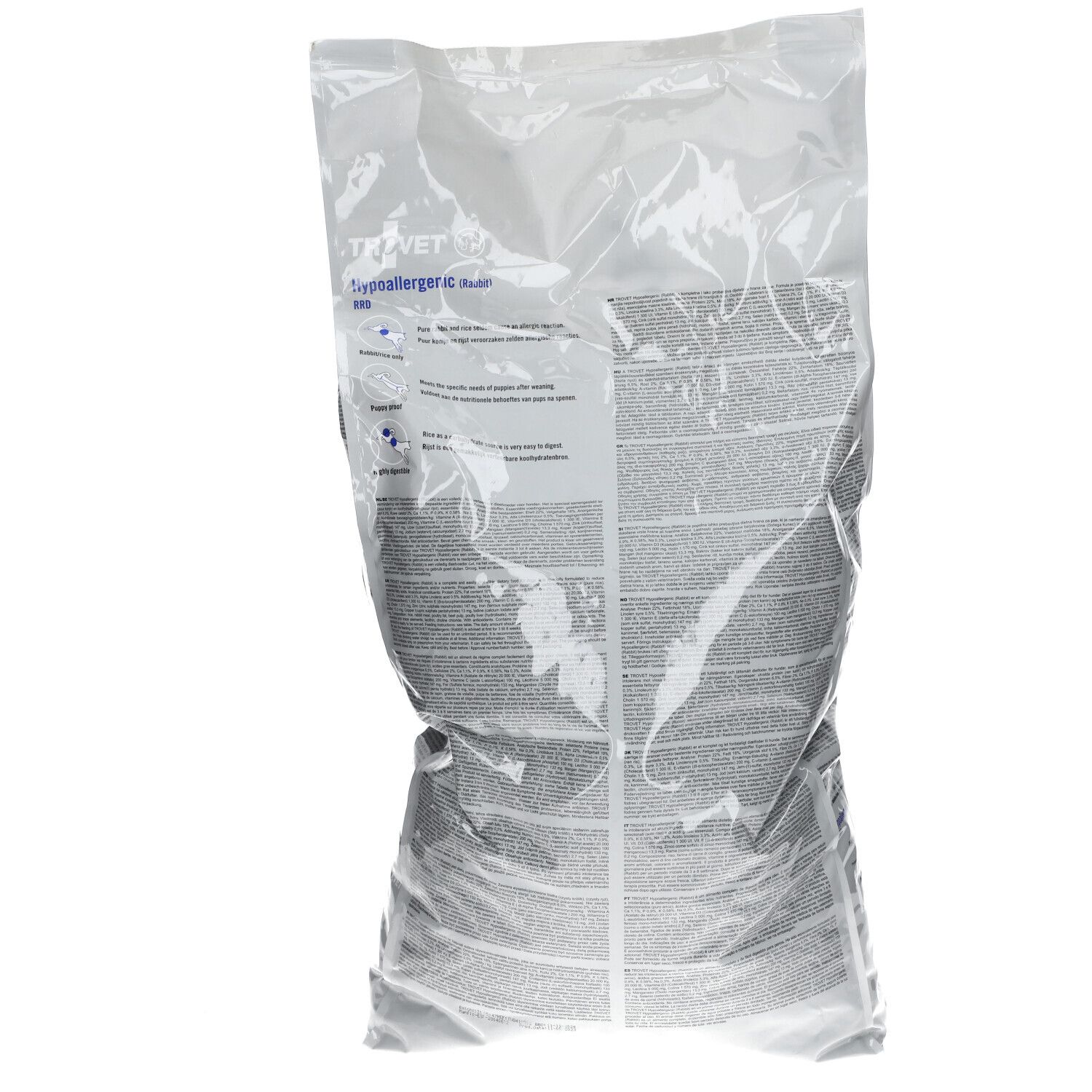 Dos du sac TROVET Hypoallergenic RRD. Sac transparent avec texte. Symboles bleus.