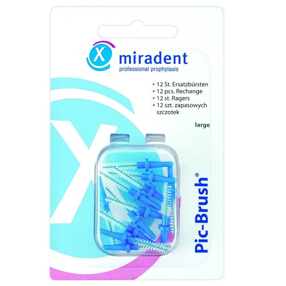 Emballage de Miradent Pic-Brush Brossette bleu. Contient 12 brossettes de rechange. Marque et nom visibles.