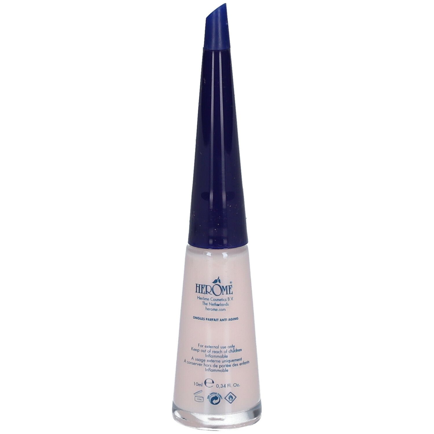 Nagellakfles met blauwe dop. Opschrift: Nail Perfect Anti Aging. Tekst op de achterkant.