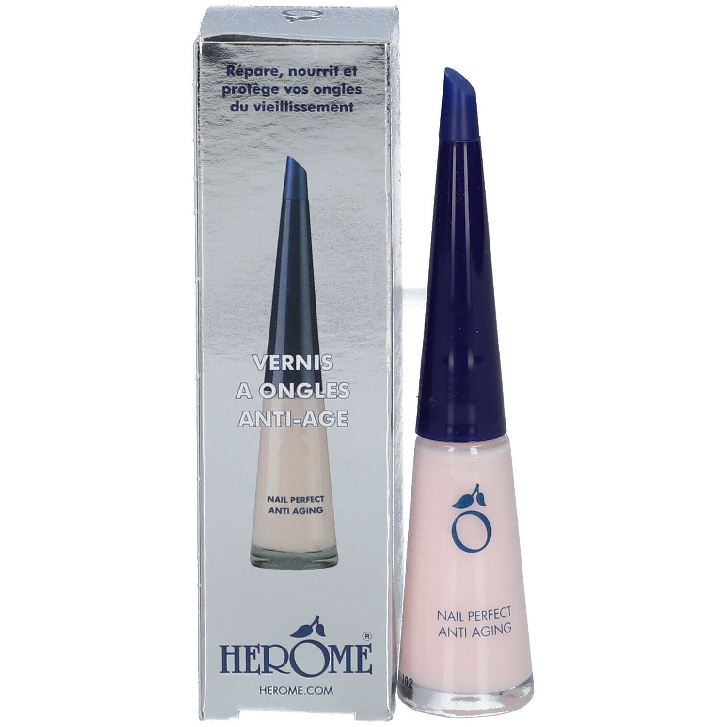 Nagellakfles en verpakking. Opschrift: HEROME, Vernis à Ongles Anti-Age.