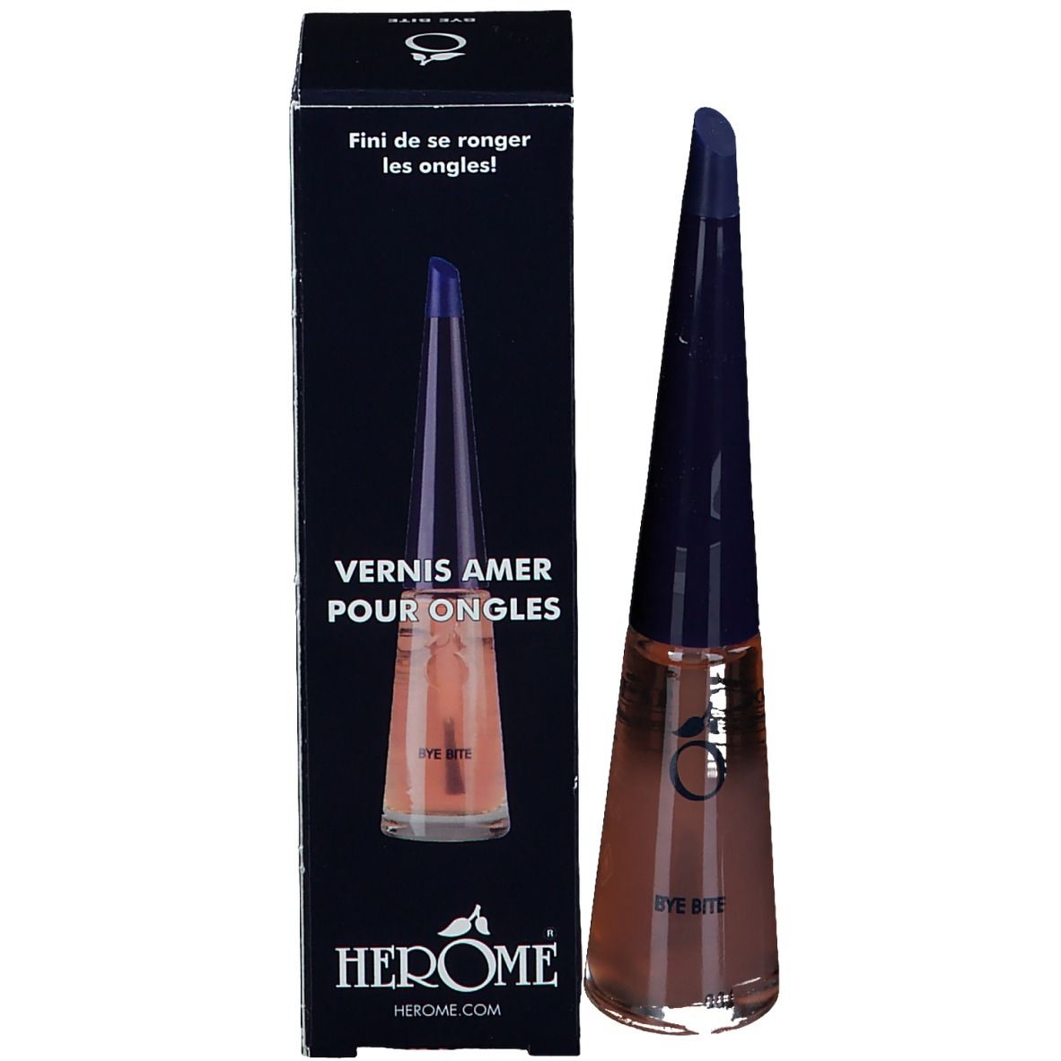 Schachtel mit Fläschchen und spitz zulaufendem, blauem Deckel. Aufschrift "VERNIS AMER POUR ONGLES".
