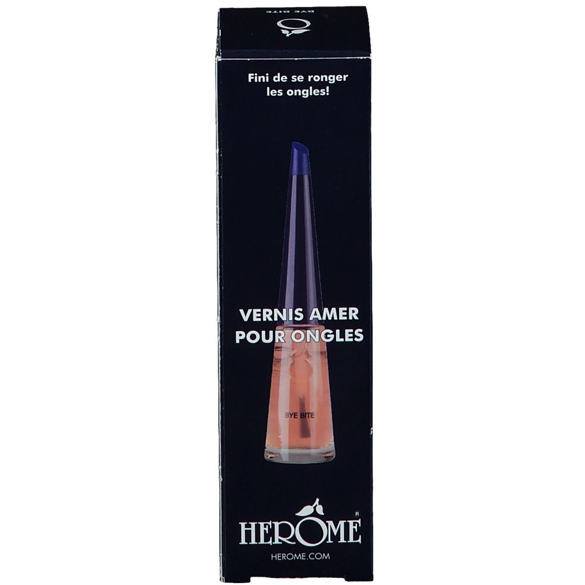 Schachtel mit Fläschchen und spitz zulaufendem, blauem Deckel. Aufschrift "VERNIS AMER POUR ONGLES".