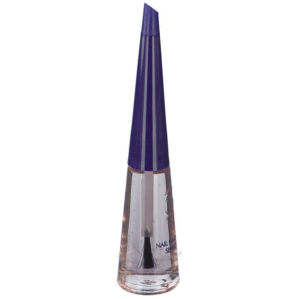 HERÔME Nagelhärter Sensitive. Klare Flasche, blauer Deckel, Pinsel. Produktetikett mit Text.