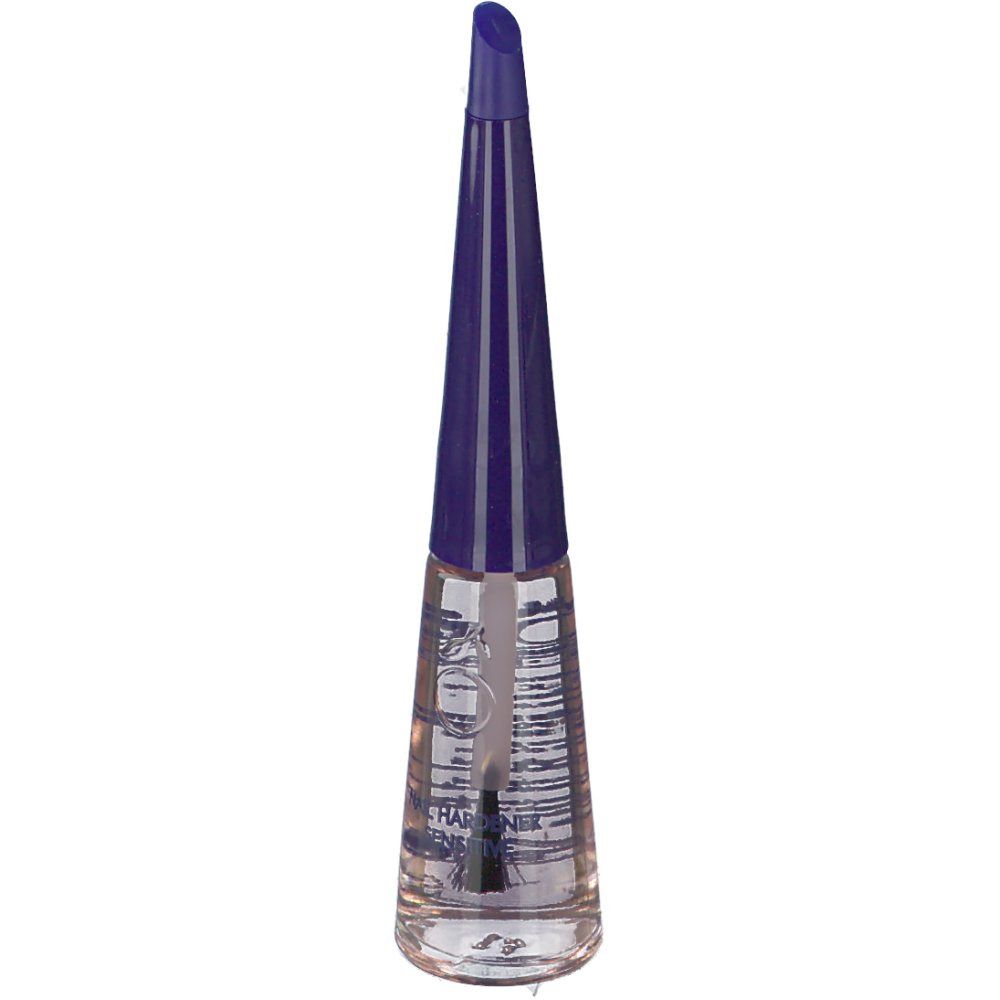 HERÔME Nagelhärter Sensitive. Klare Flasche, blauer Deckel, Pinsel. Produktetikett mit Text.