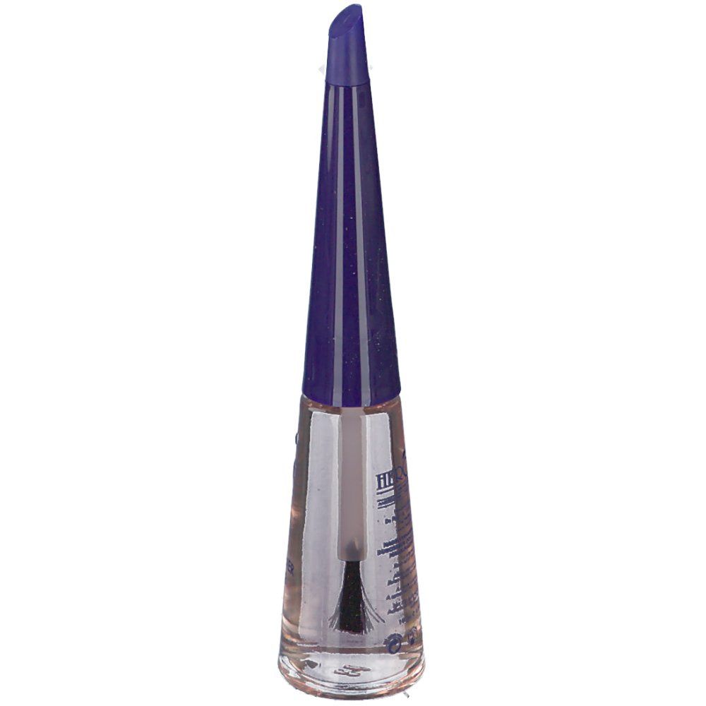 HERÔME Nagelhärter Sensitive. Klare Flasche, blauer Deckel, Pinsel. Produktetikett mit Text.