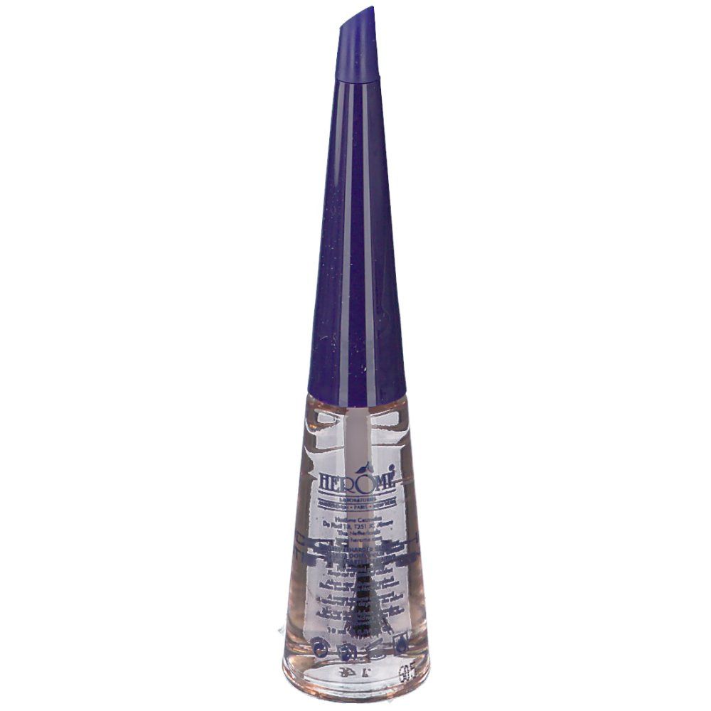 HERÔME Nagelhärter Sensitive. Klare Flasche, blauer Deckel, Pinsel. Produktetikett mit Text.