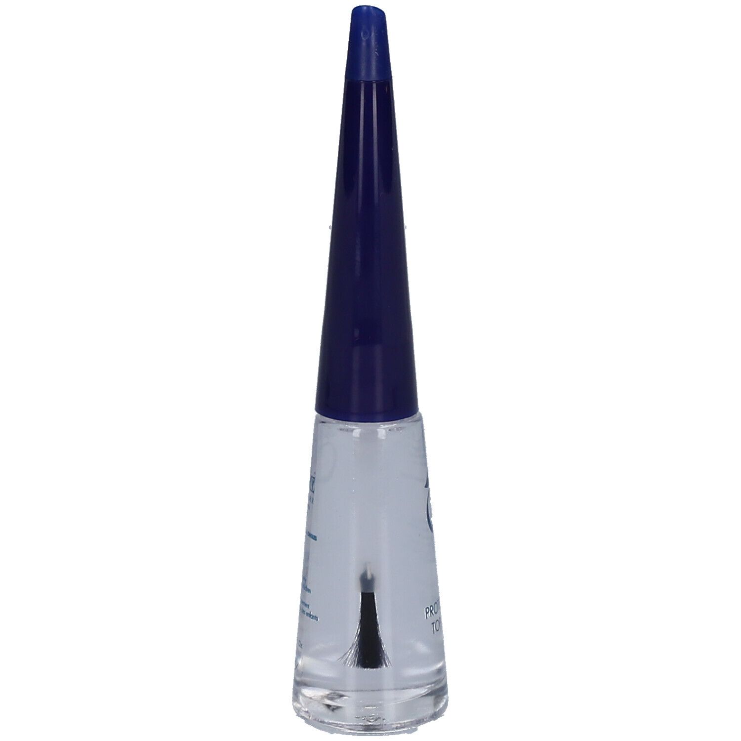 Klare Nagellackflasche mit blauem Deckel. Bürste sichtbar. Beschriftung: Protecting Top Coat.