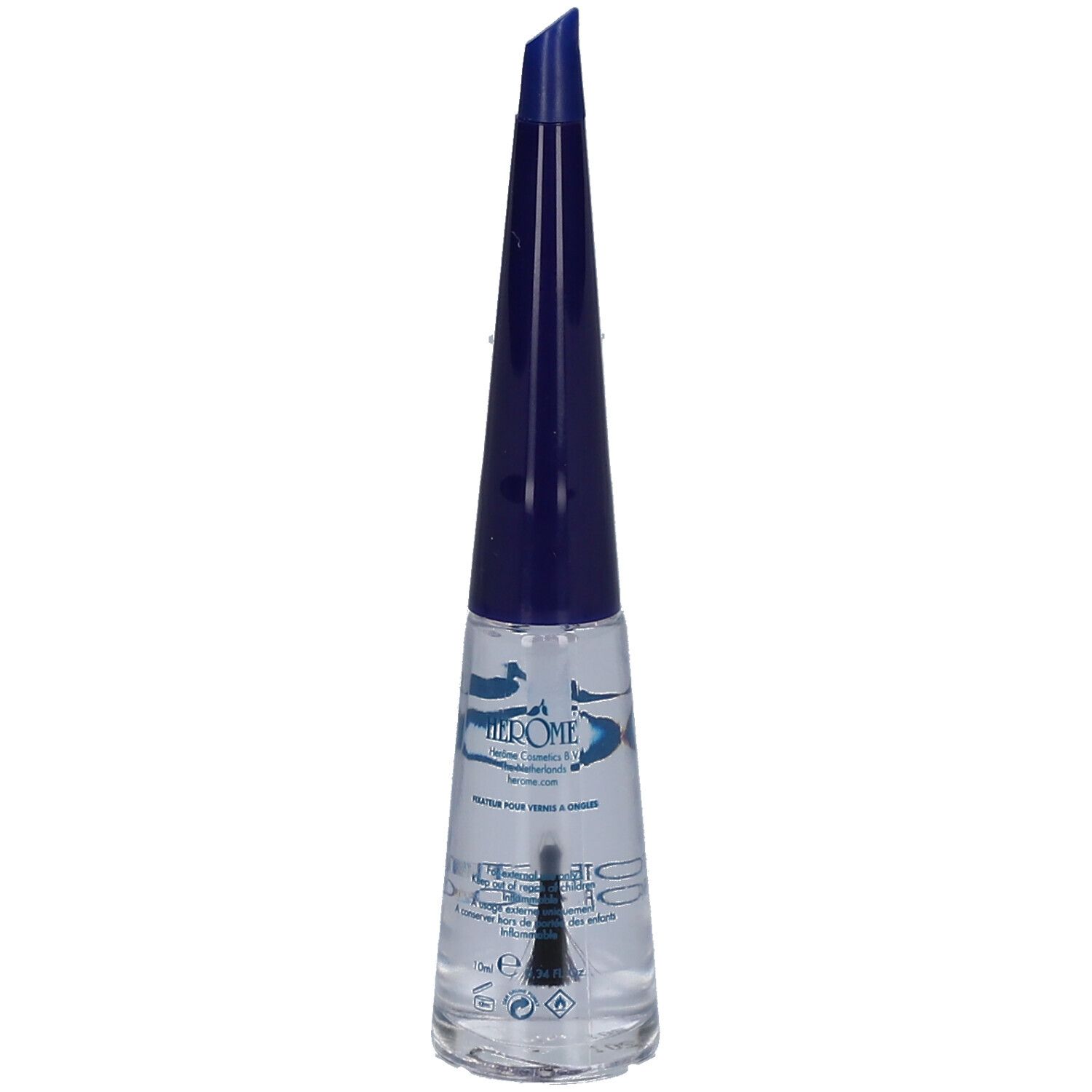 Klare Nagellackflasche mit blauem Deckel. Bürste sichtbar. Beschriftung: Protecting Top Coat.