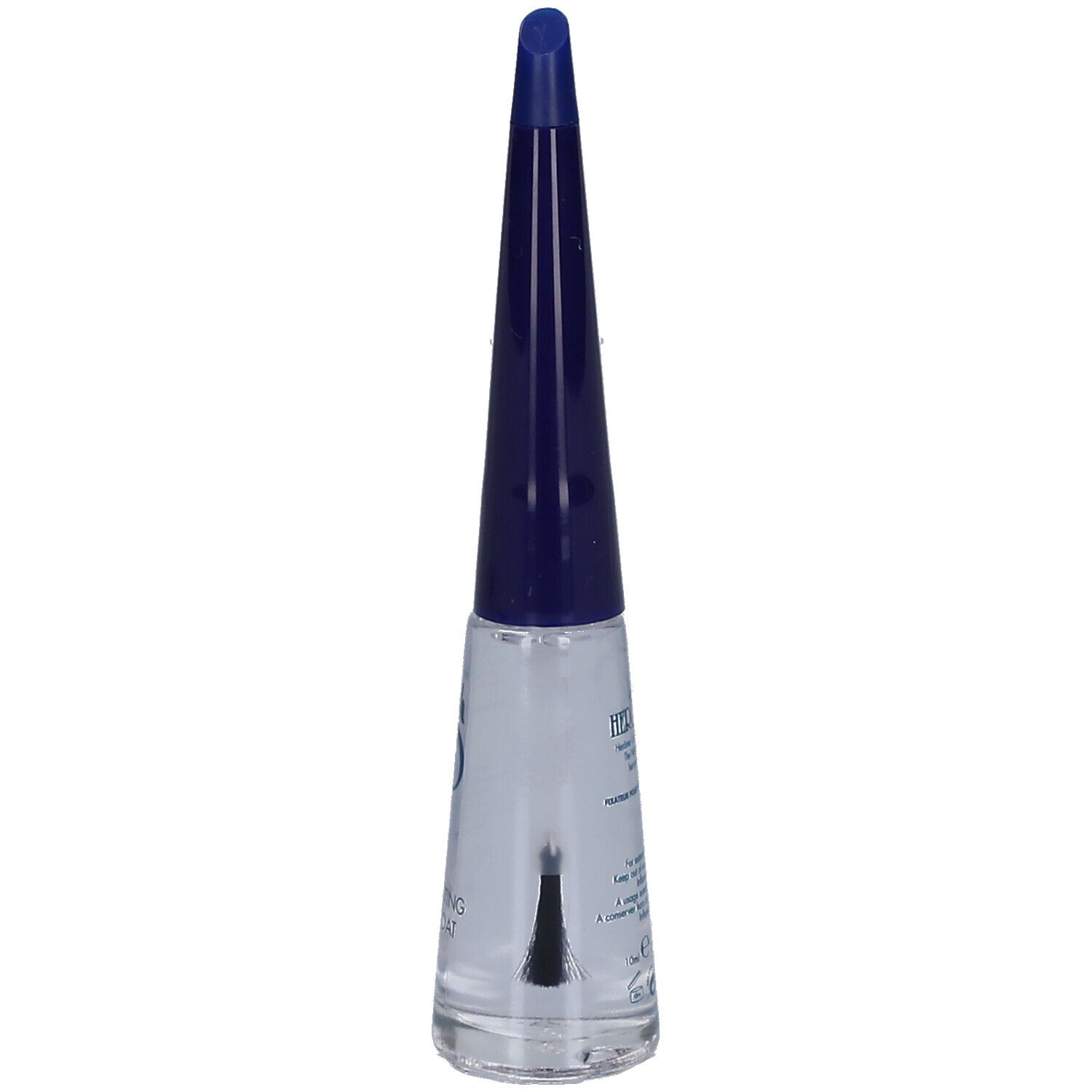 Klare Nagellackflasche mit blauem Deckel. Bürste sichtbar. Beschriftung: Protecting Top Coat.