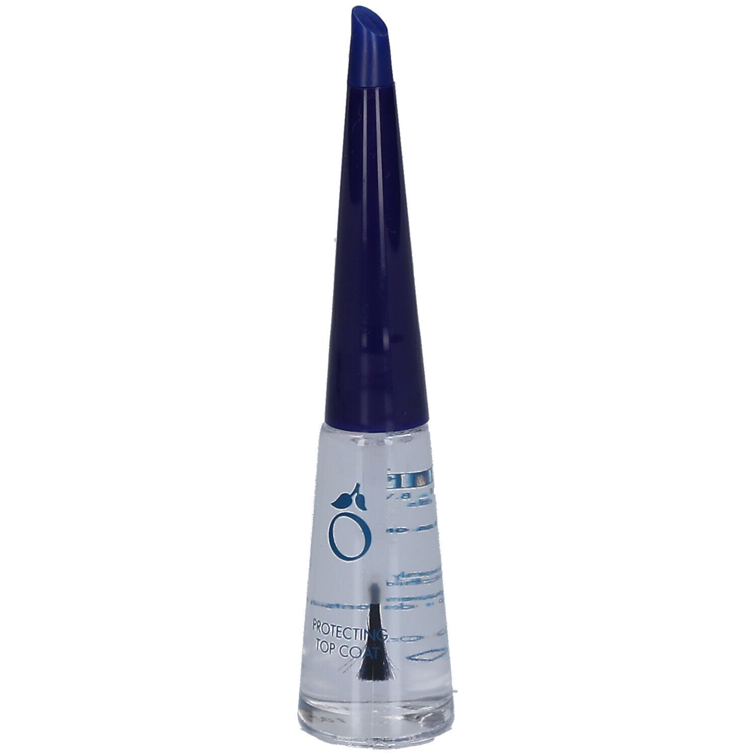 Klare Nagellackflasche mit blauem Deckel. Bürste sichtbar. Beschriftung: Protecting Top Coat.