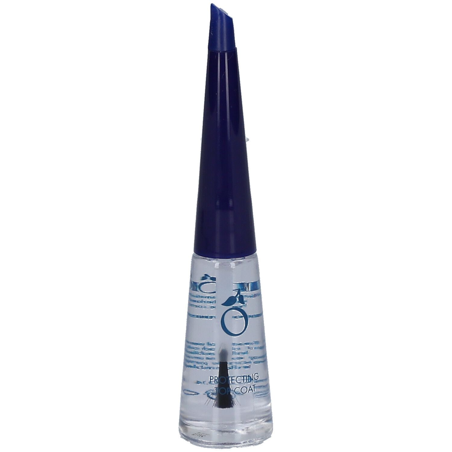 Klare Nagellackflasche mit blauem Deckel. Bürste sichtbar. Beschriftung: Protecting Top Coat.