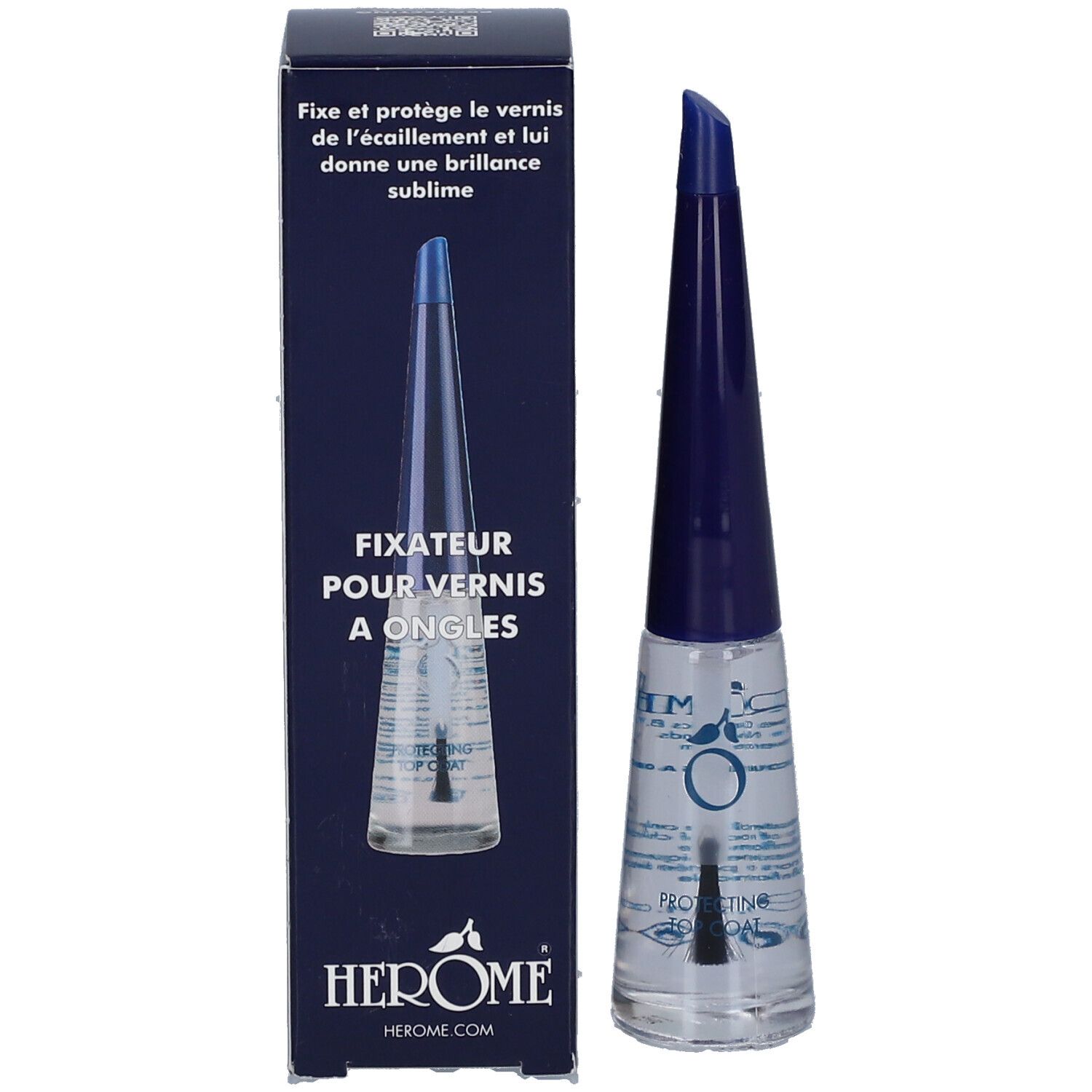 Nagellackflasche mit blauem Deckel und Verpackung. Verpackung mit Produktabbildung und Text.
